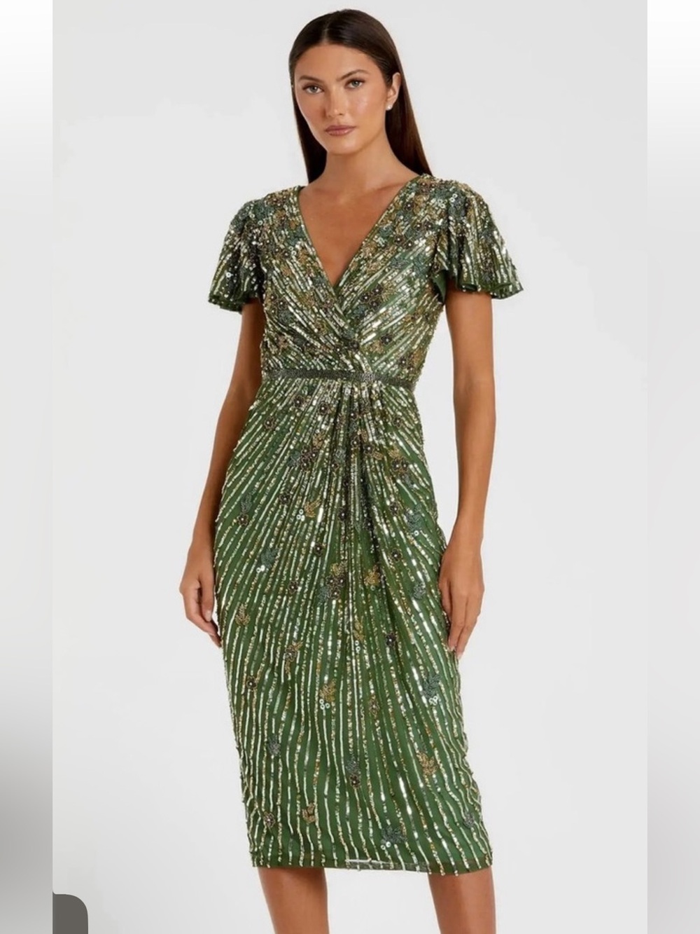 Mac Duggal 5582 Beaded Sequin Midi Dress Sage Green Flutter Sleeve NWT Size 10